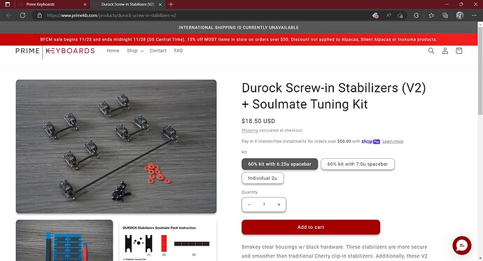 Durock Screw-in Stabilizers (V2) + Soulmate Tuning Kit – Prime Keyboards and 1 more page - Personal - Microsoft​ Edge 11_25_2022 12_53_35 PM